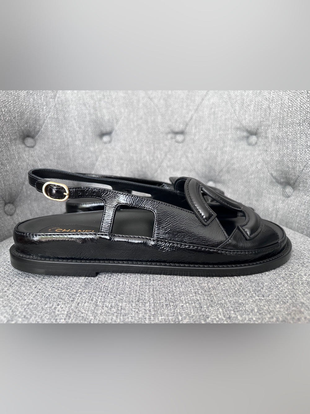 NEW BLAZY Chanel 2026 large CC LOGO BLACK LEATHER DADS SANDALS SIZE 38.5C - Picture 3 of 16